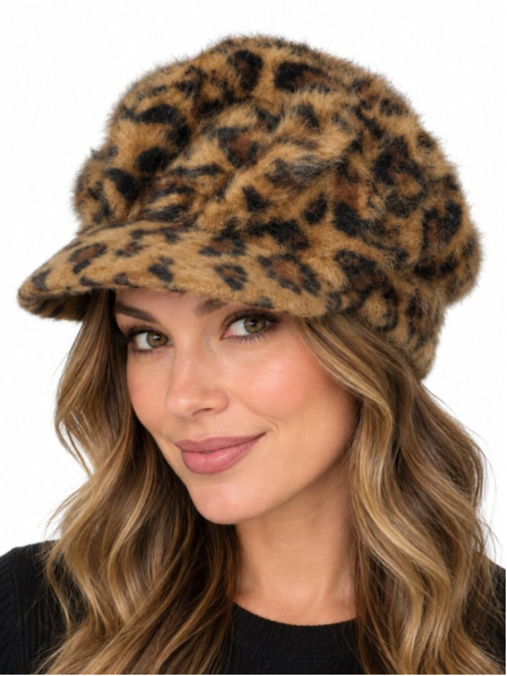 ADORA Leopard Print Angora Newsboy Hat Brown Black Cheetah One Size Fuzzy Winter